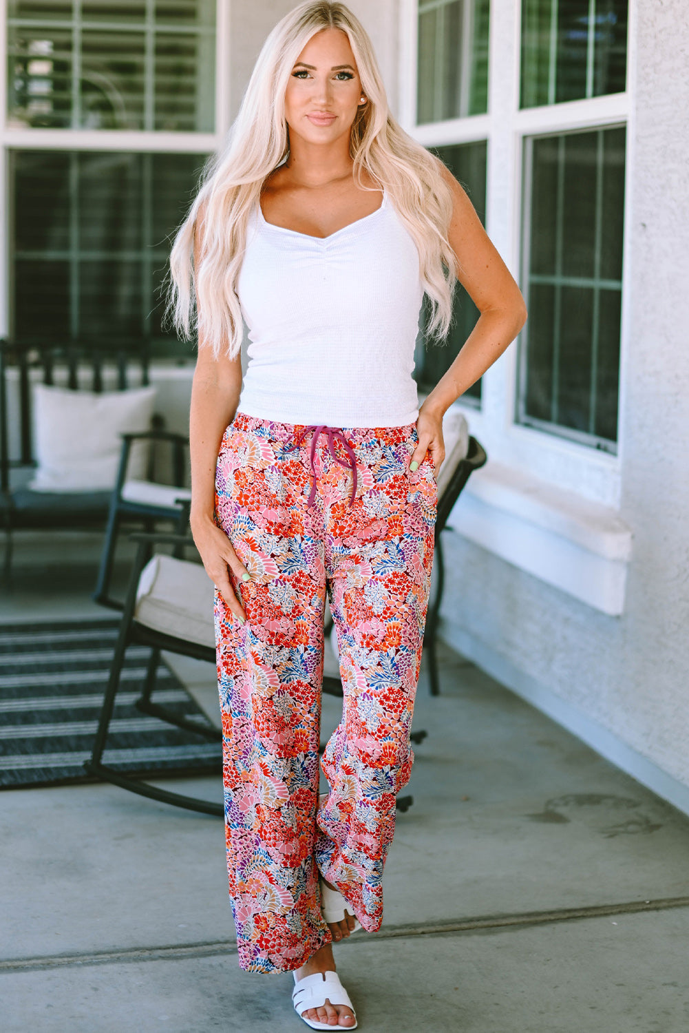 Fiery Red Gorgeous Print Drawstring Smocked High Waist Pants