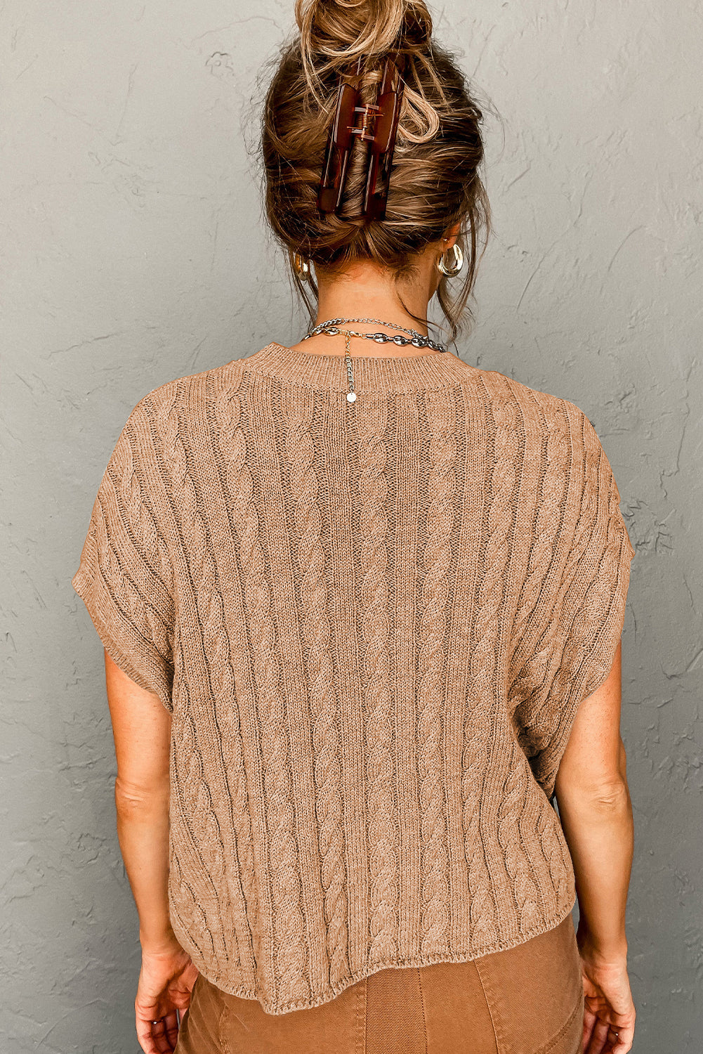 Light French Beige Crew Neck Cable Knit Short Sleeve Sweater