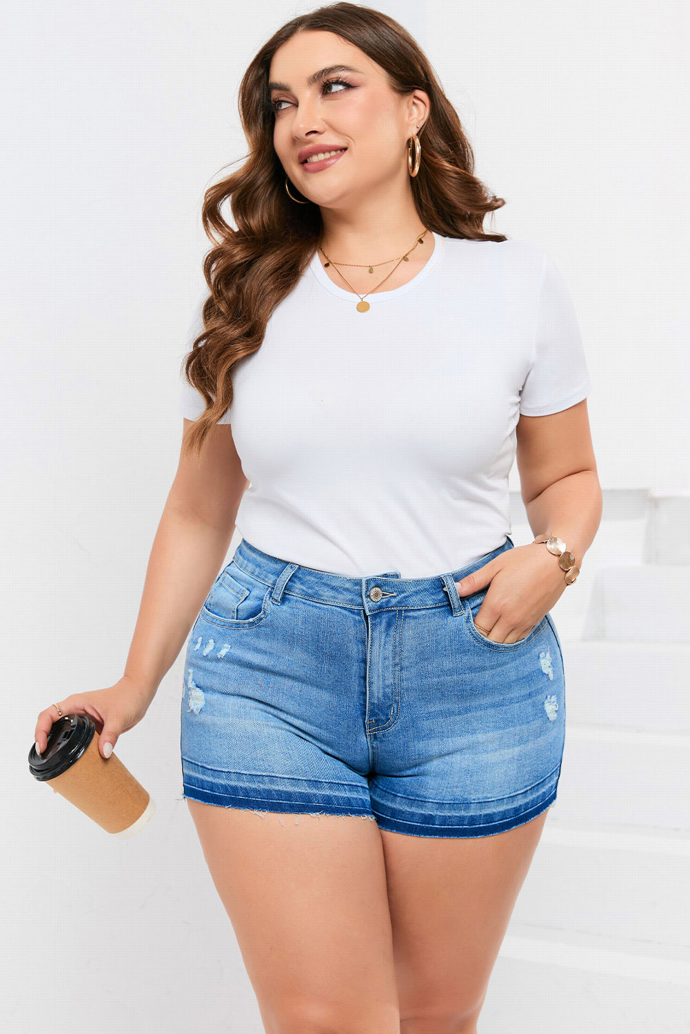 Sky Blue Raw Edge Splicing Distressed Plus Size Denim Shorts