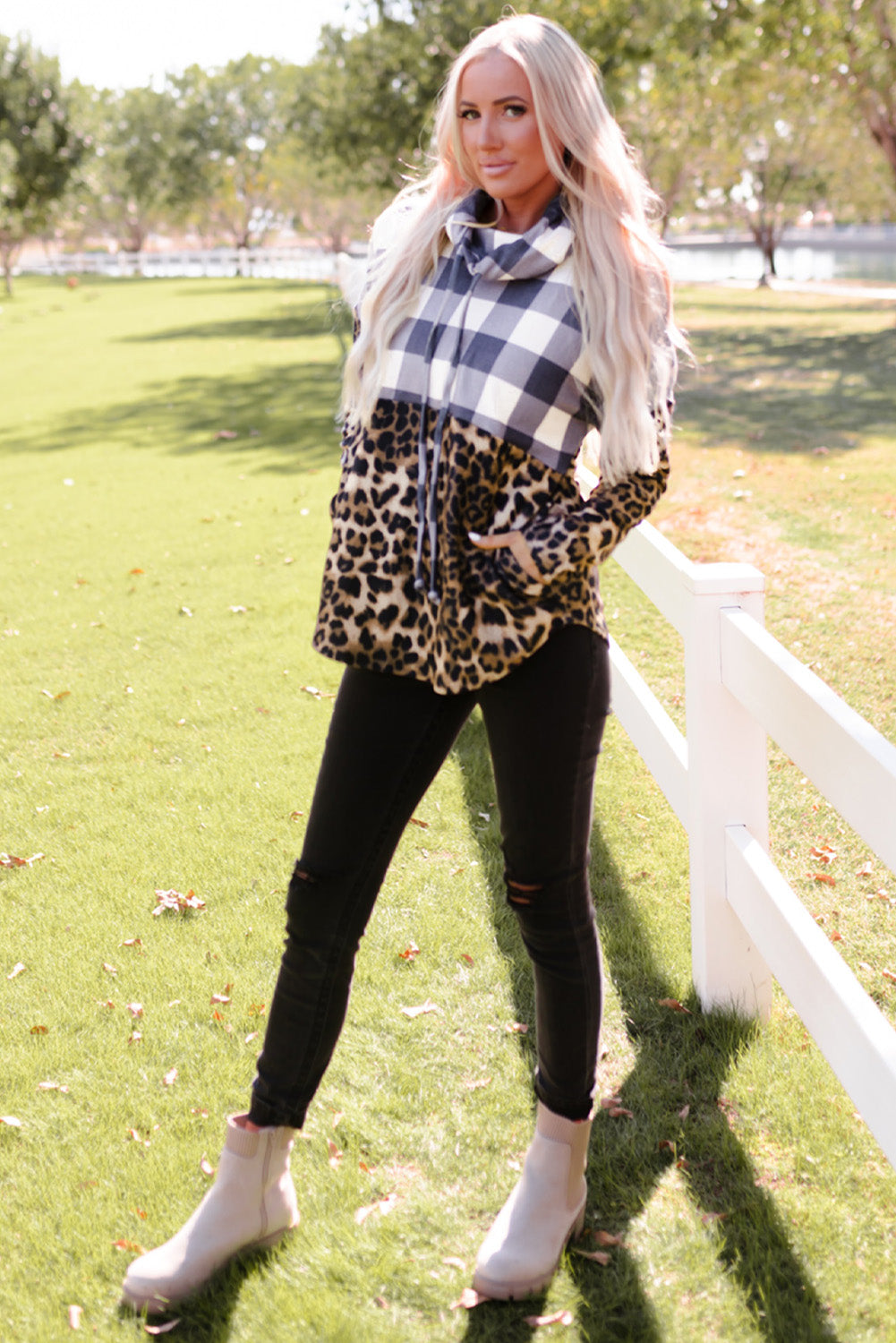 Leopard Plaid Patchwork Cowl Neck Sweatshirt