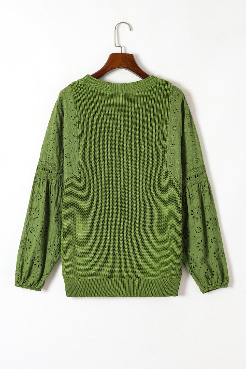 Green Eyelet Drop Shoulder Patchwork Pullover Sweater