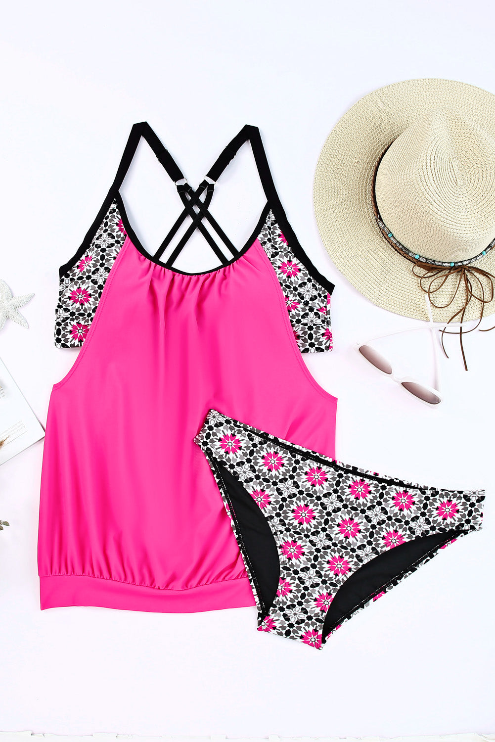 Rosy Layered-Style Printed Tankini with Triangular Briefs