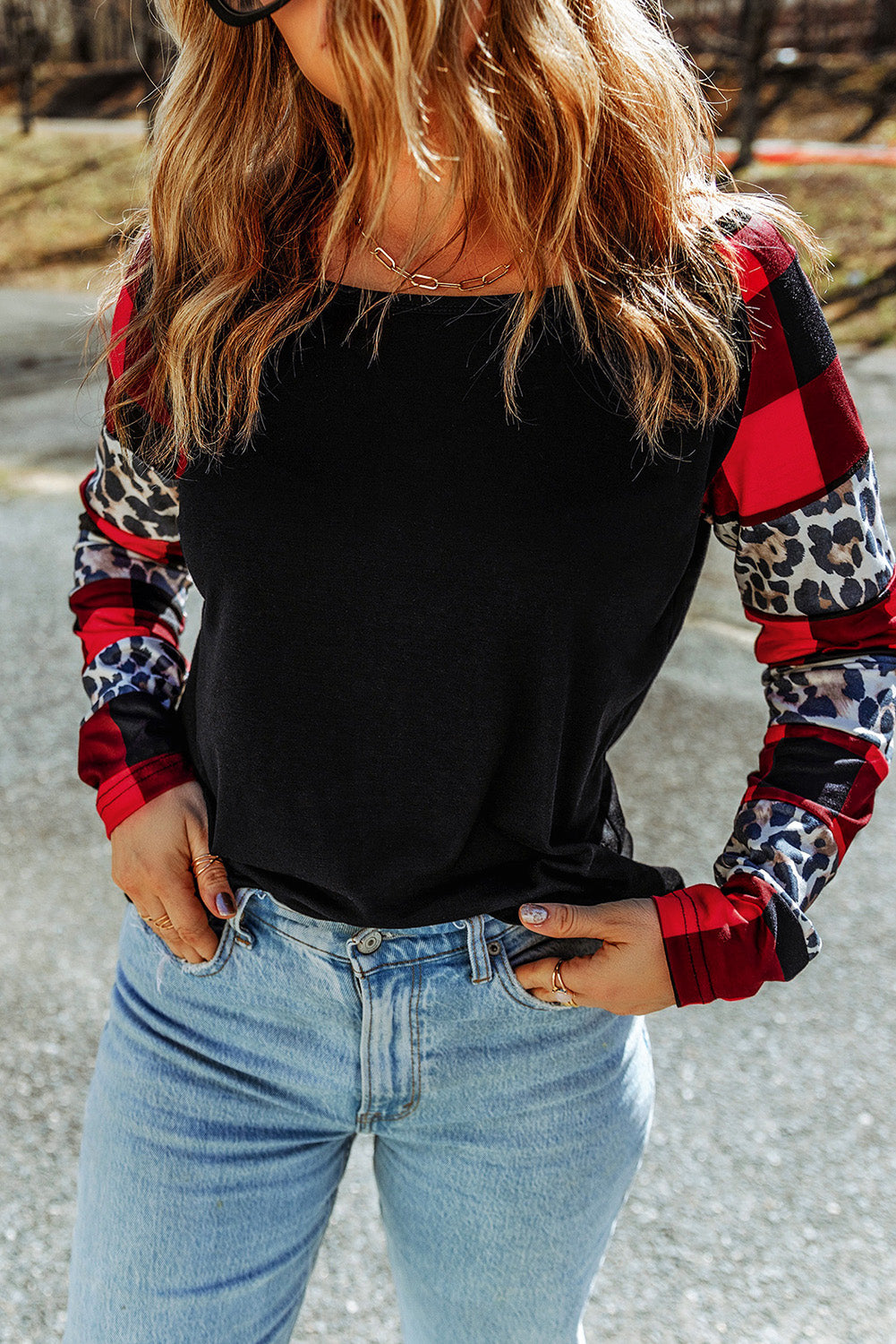 Black Off Shoulder Plaid&Leopard Print Long Sleeve Top