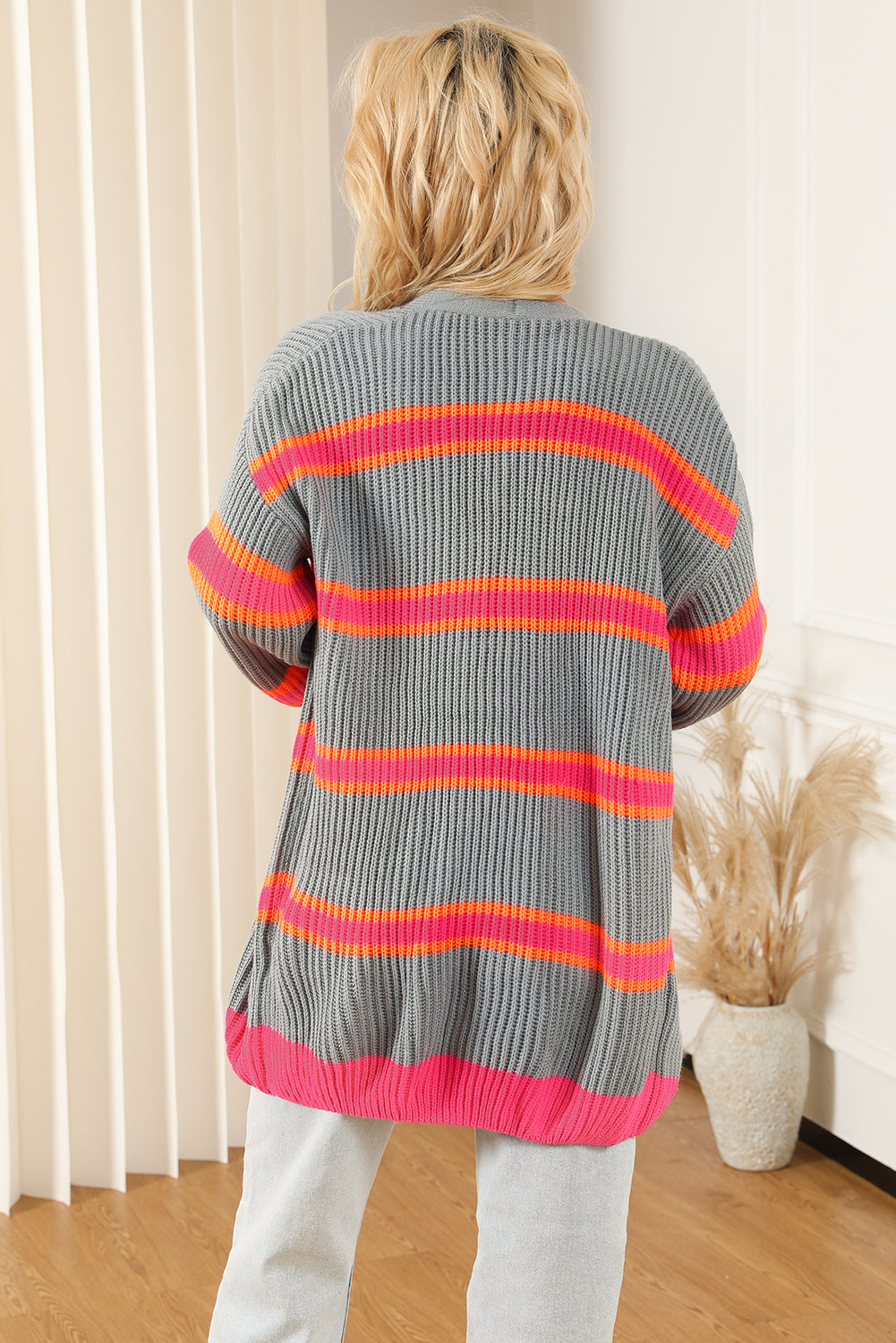 Medium Grey Stripe Printed Ribbed Long Knitted Cardigan