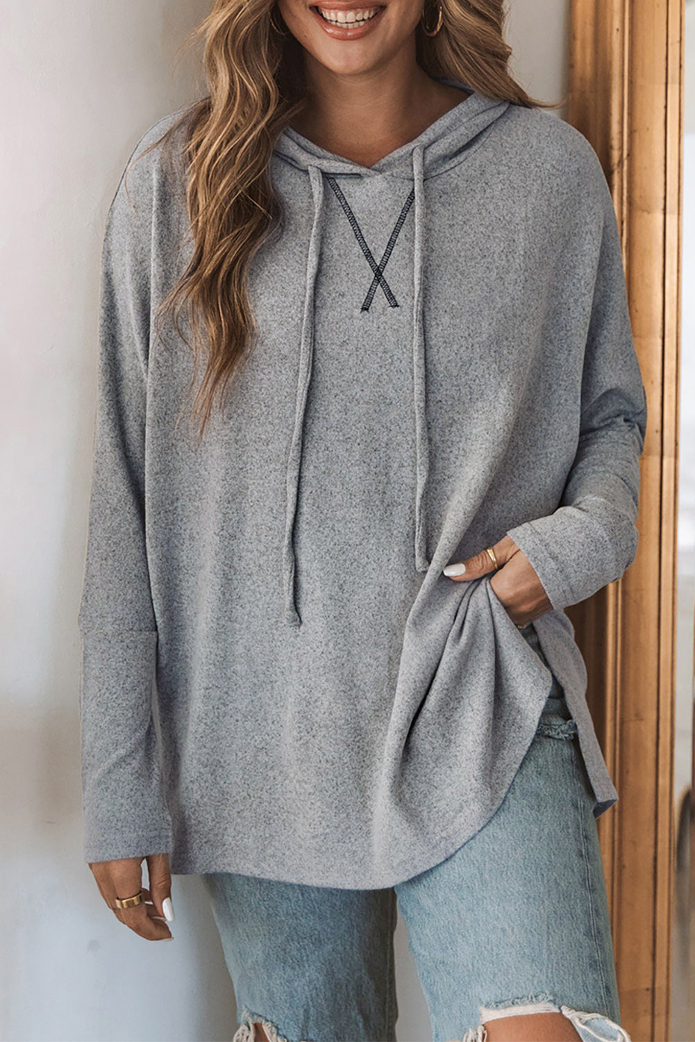 Gray Loose Drawstring Pullover Hoodie