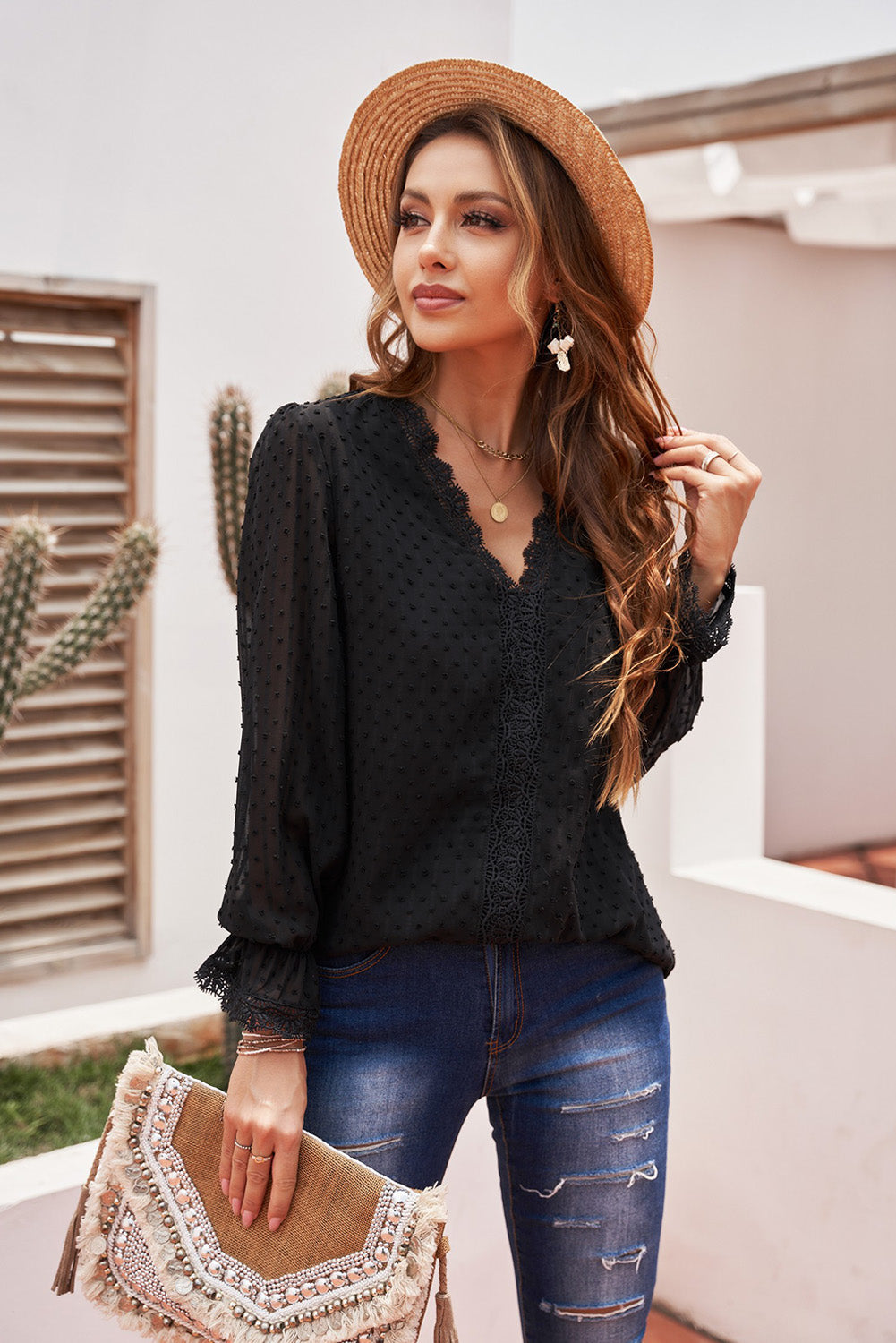 Black Elegant V-Neck Swiss Dot Lace Blouse