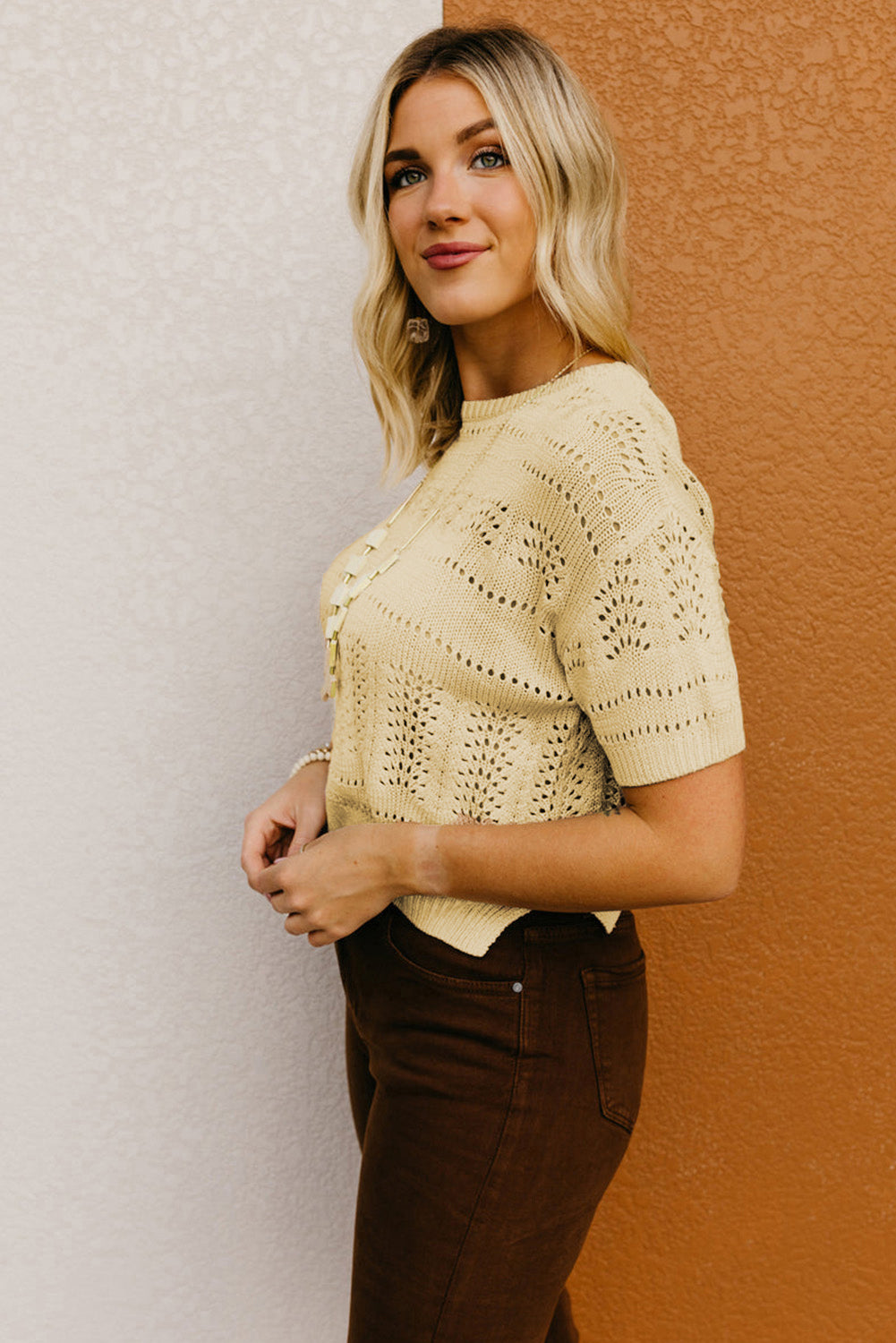 Beige Knitted Hollow out Short Sleeve Crop Sweater