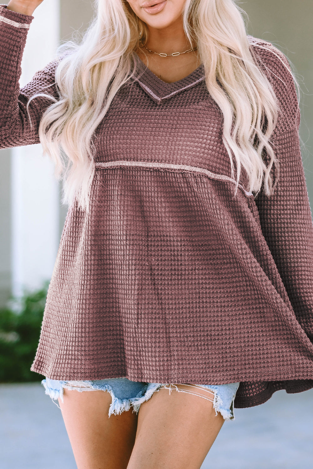 Pink Waffle Knit V Neck Long Sleeve Babydoll Top