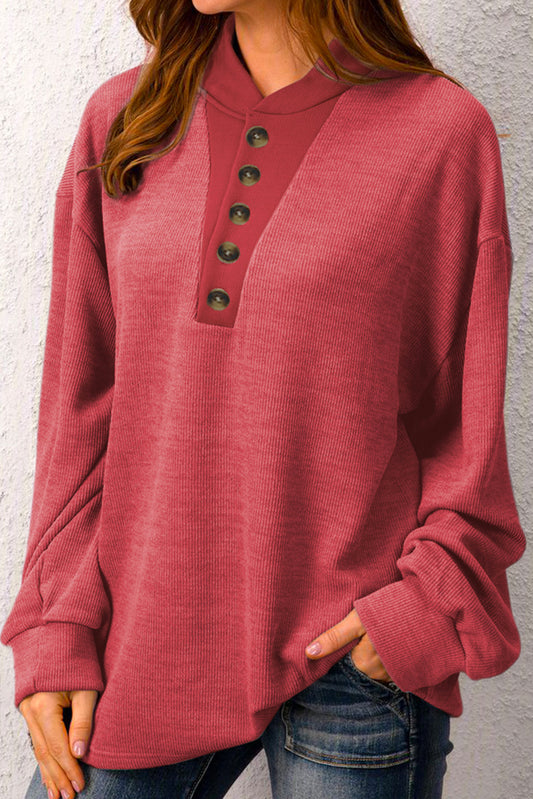 Fiery Red Plain Buttoned Henley Sweatshirt