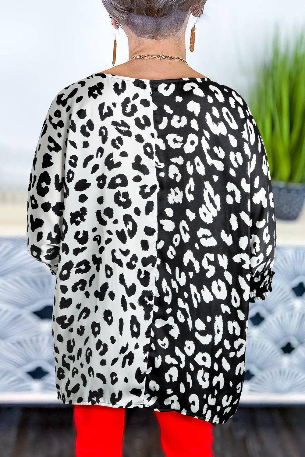 Black Plus Size Contrast Leopard Half Sleeve Blouse