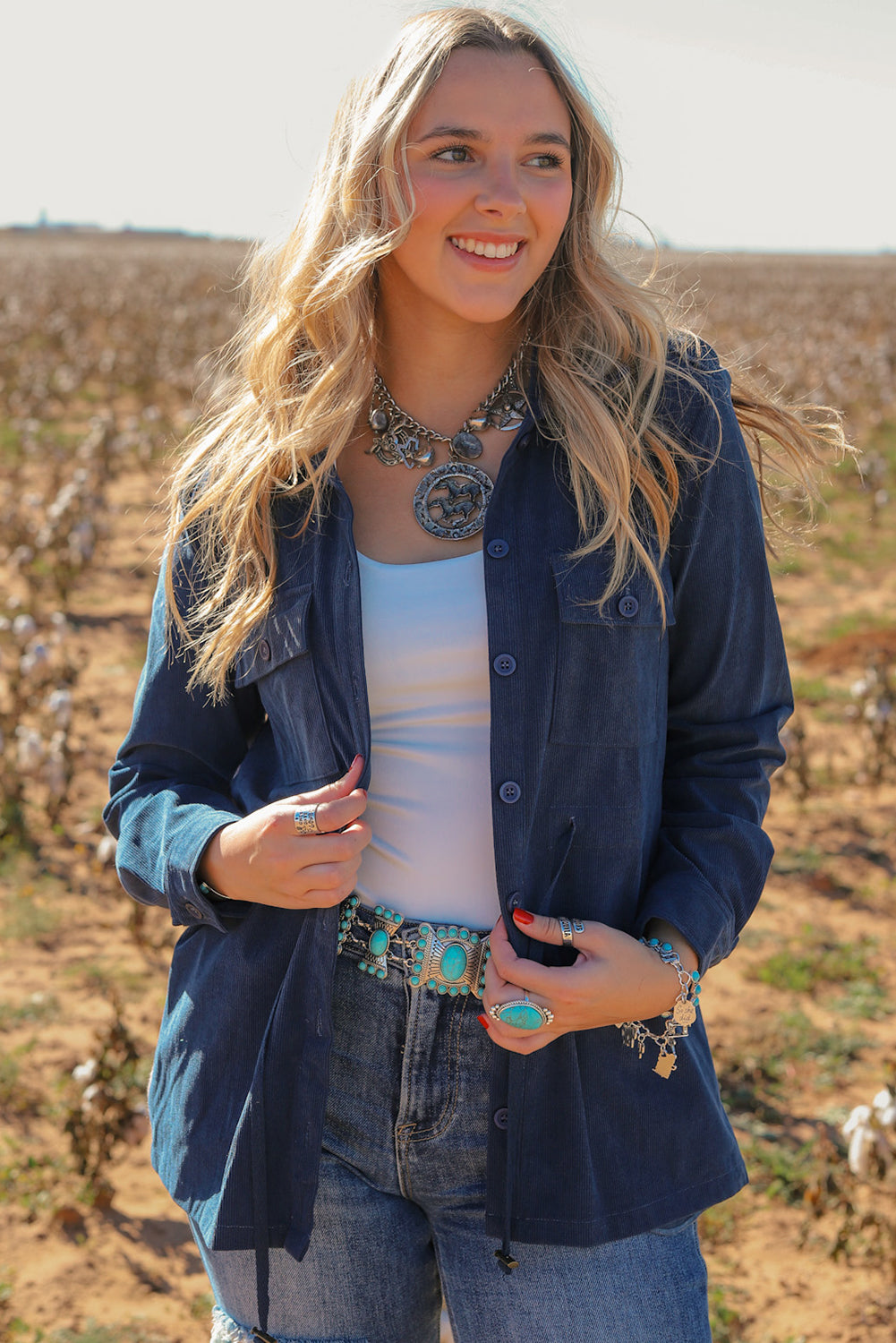 Blue Corduroy Cinched Aztec Back Jacket