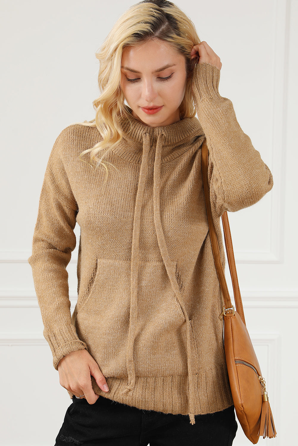 Brown Cowl Neck Drawstring Pullover Hooded Sweater