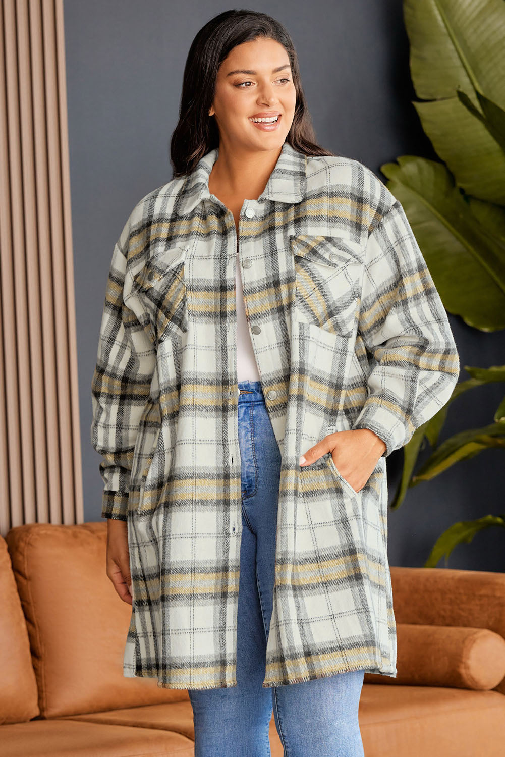 Multicolor Plus Size Plaid Pocketed Side Slit Shacket