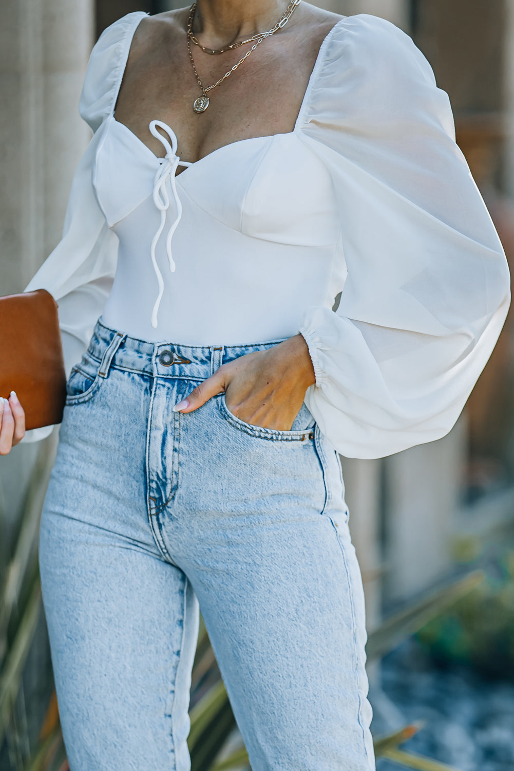 White Criss Cross Backless Puff Sleeve Bodysuit