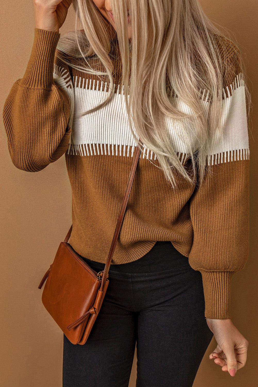 Brown Color Block High Neck Pullover Sweater