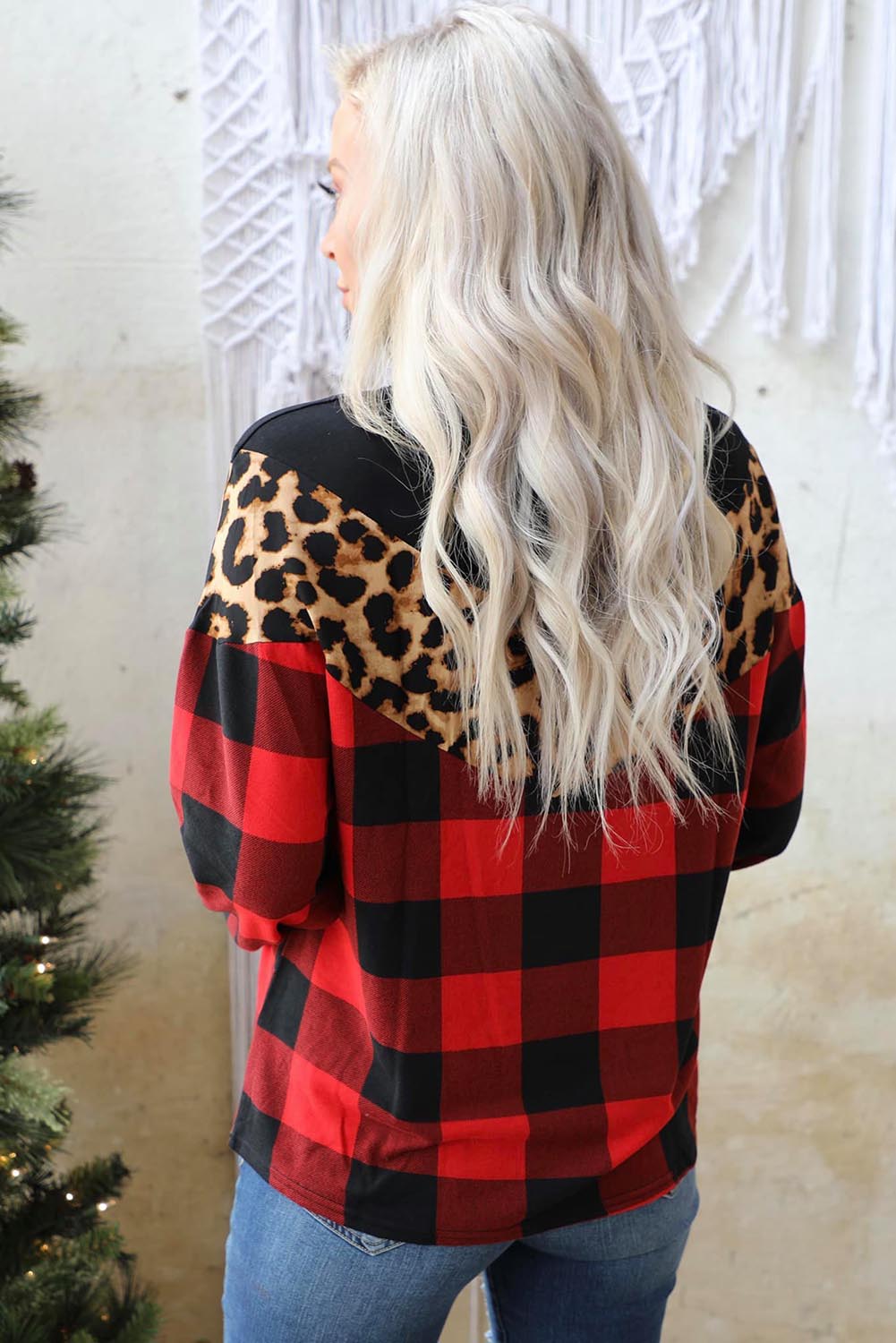 Fiery Red Chevron Plaid Leopard Patchwork Turtleneck Sweatshirt