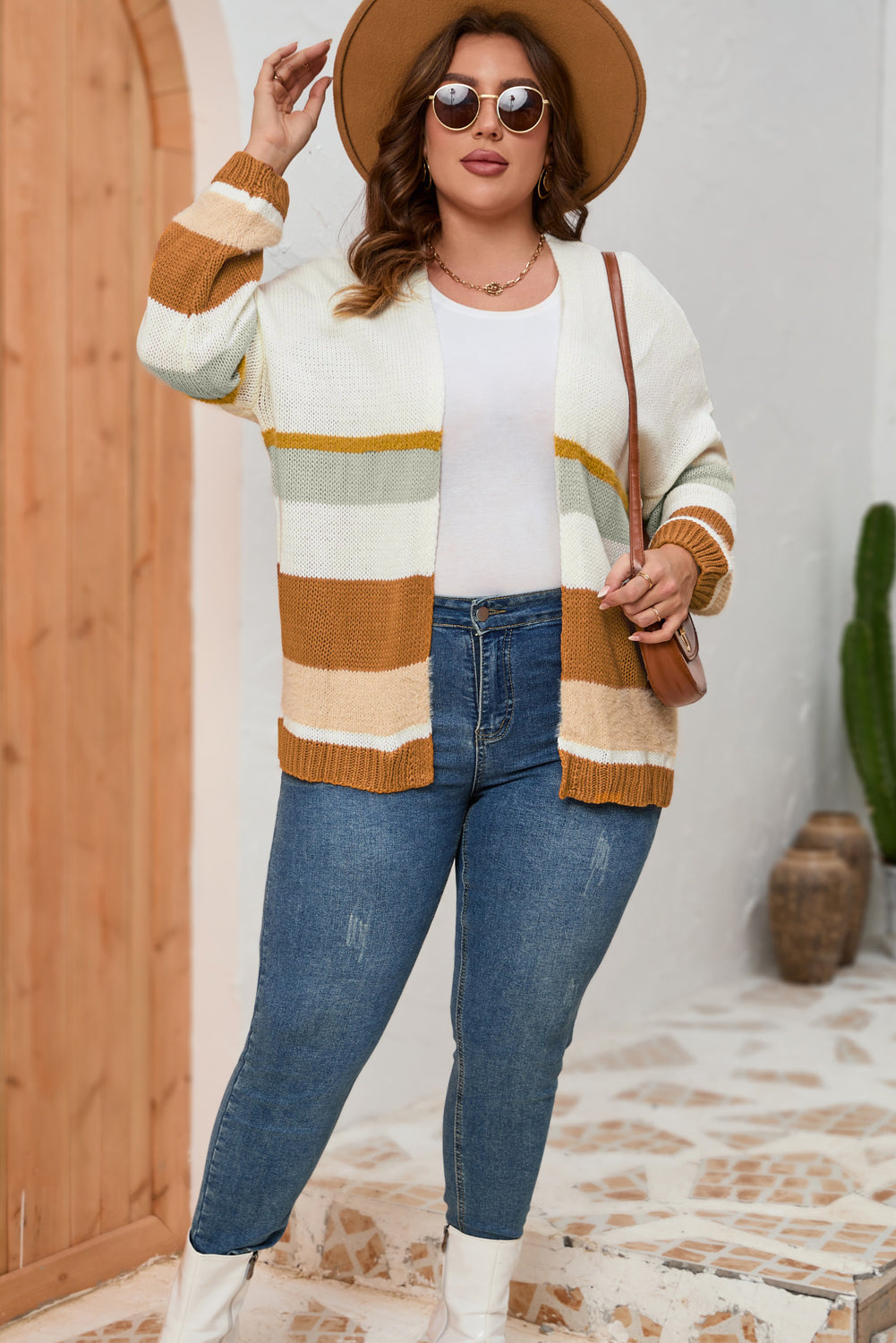 Beige Plus Size Striped Print Open Front Cardigan