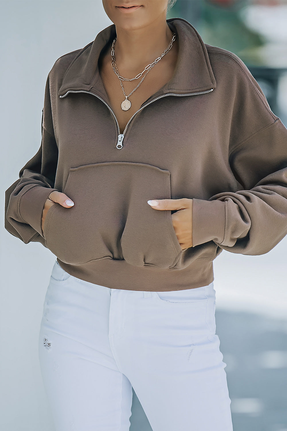 Brown Zipped Turn Down Collar Cropped Sweatshirt with Pocket