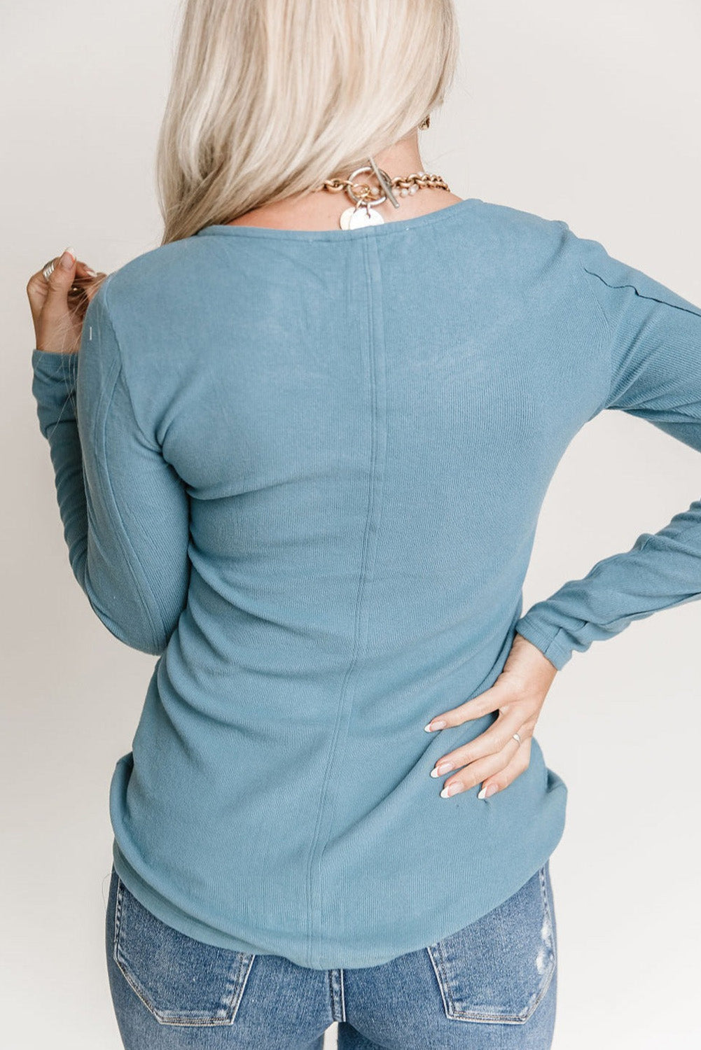 Sky Blue Lace Crochet V Neck Long Sleeve Top