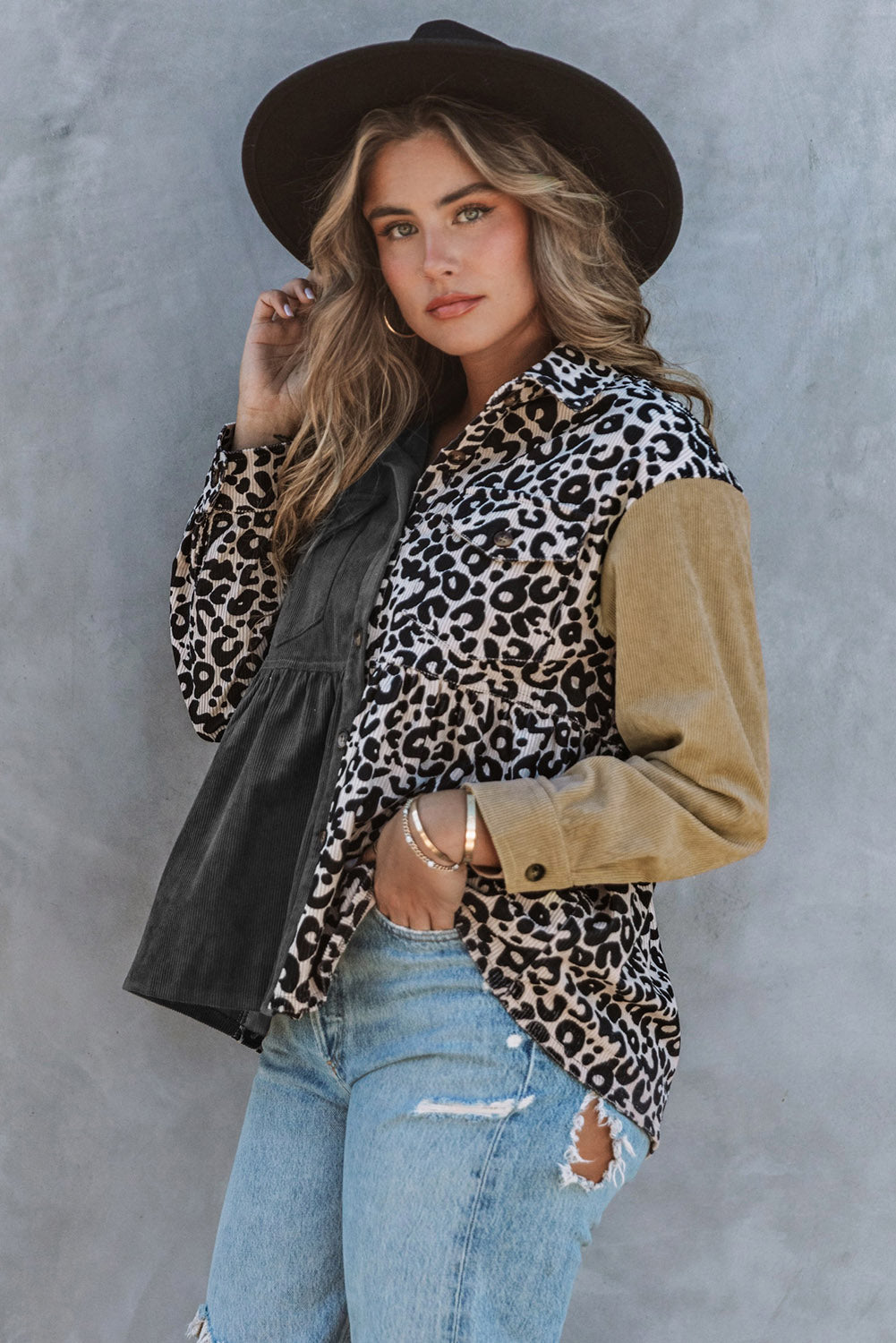 Leopard Colorblock Corduroy Shirt Jacket