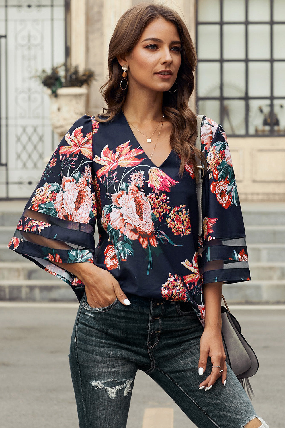 Fiery Red 3/4 Flared Sleeve Floral Blouse