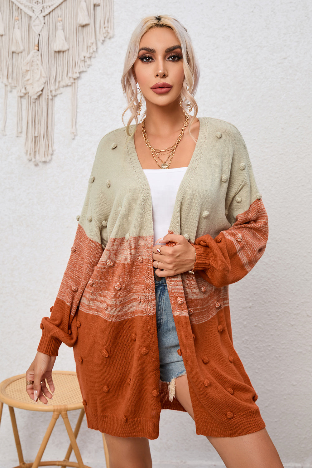 Brown Pompom Color Block Open Front Cardigan