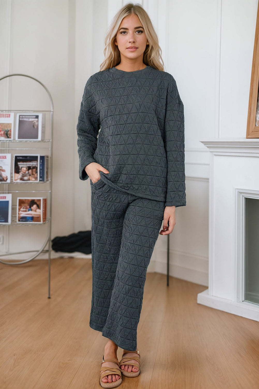 Dark Grey Solid Quilted Pullover and Pants Outfit