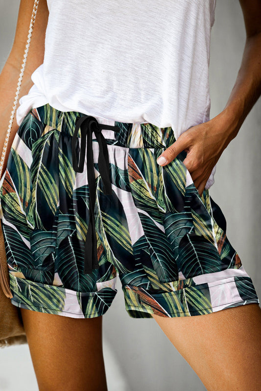 Green Leaves Print Drawstring Casual Elastic Waist Pocketed Shorts