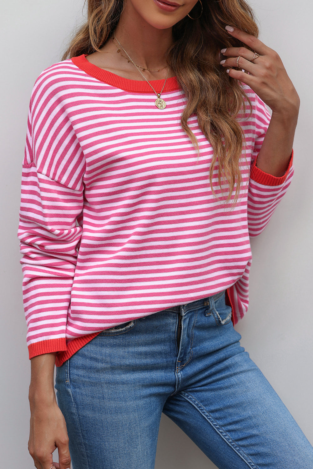 Pink Contrast Trimmed Striped Drop Shoulder Sweater