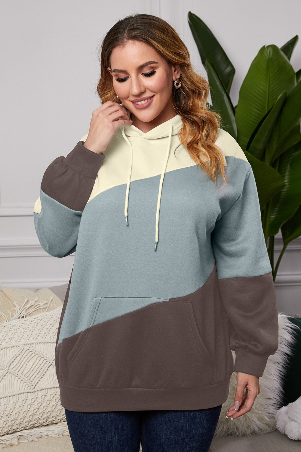 Green Sky Blue Colorblock Kangaroo Pocket Plus Size Hoodie