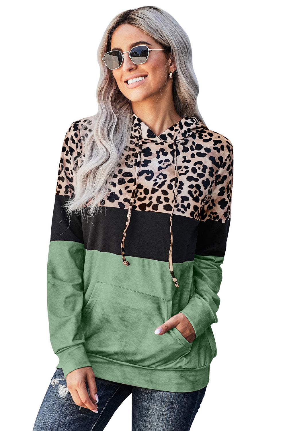 Green Leopard Tie Dye Colorblock Hoodie