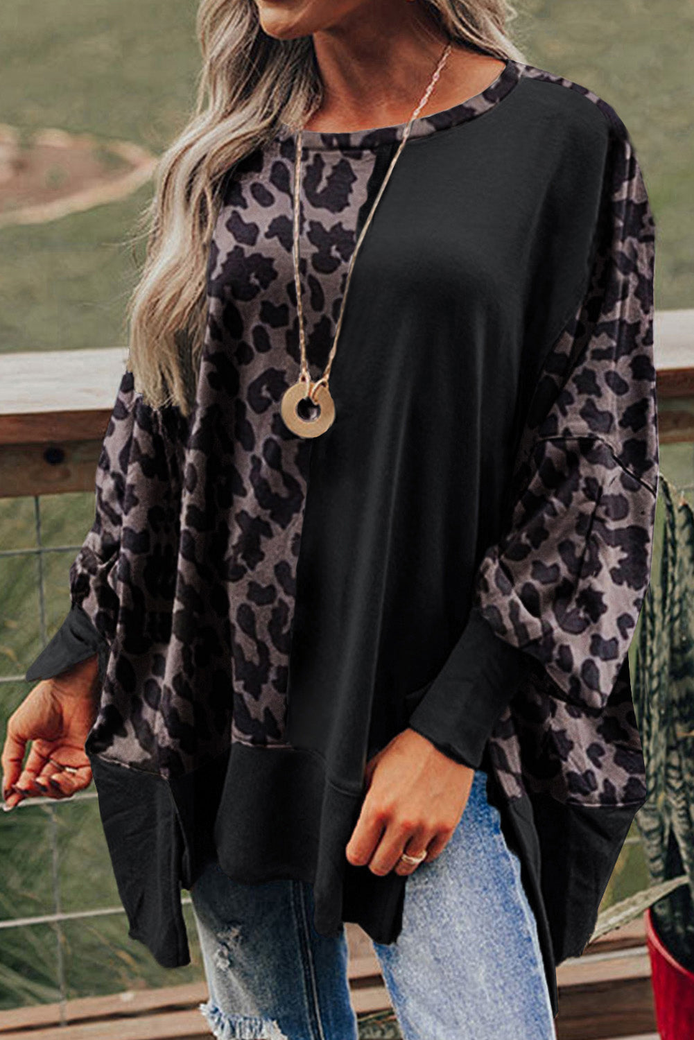 Black Leopard Patchwork Bishop Sleeve Slit Sweatshirt