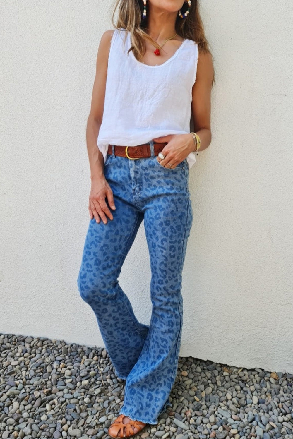 Sky Blue Leopard Print Raw Hem High Waist Flare Jeans