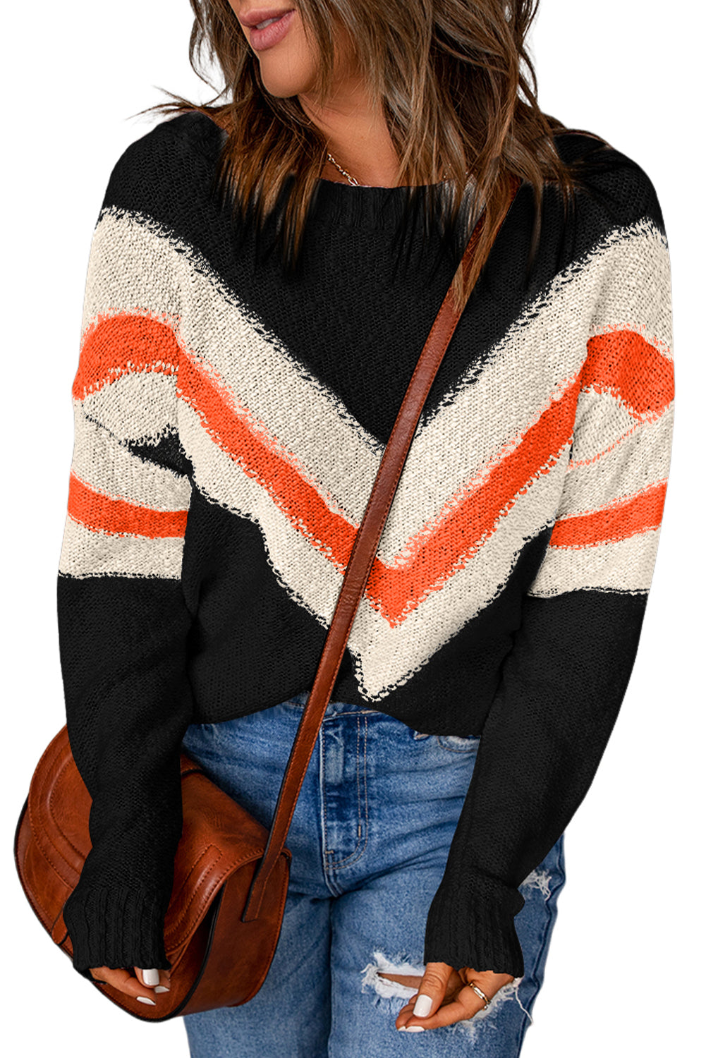 Black Chevron Striped Drop Shoulder Sweater