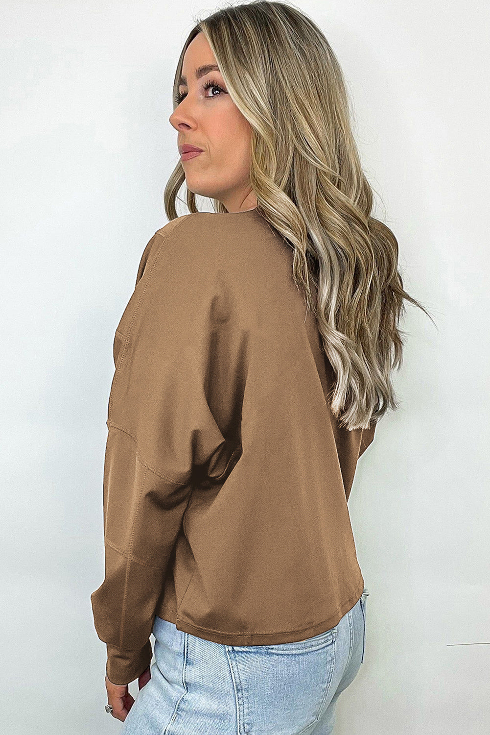 Coffee Solid Exposed Seam Pullover Sweatshirt