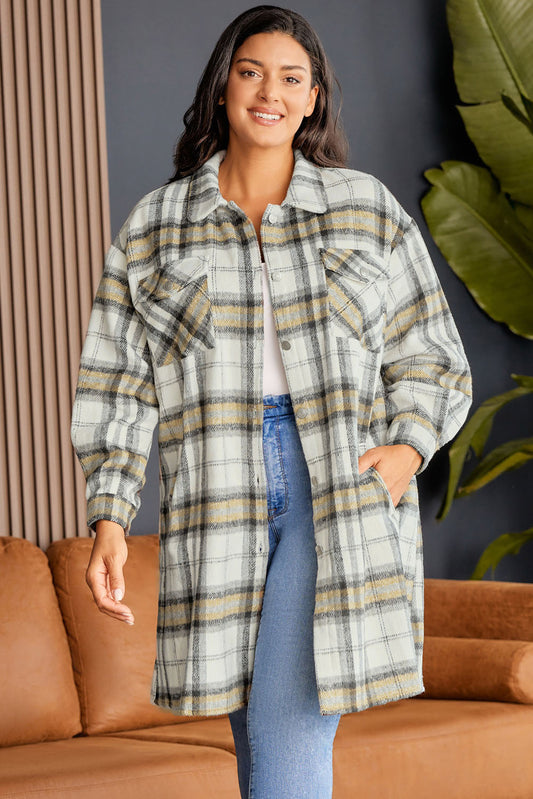 Multicolor Plus Size Plaid Pocketed Side Slit Shacket