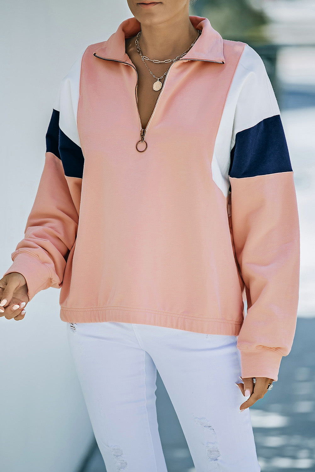 Pink Color Block Patch Bicep Quarter Zip Sweatshirt