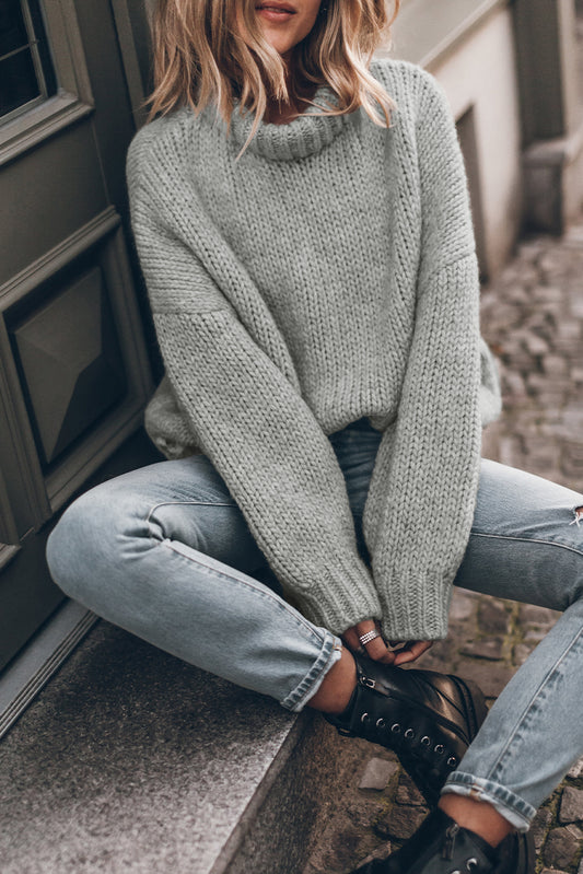 Light Grey Chunky Knit Turtle Neck Drop Shoulder Sweater