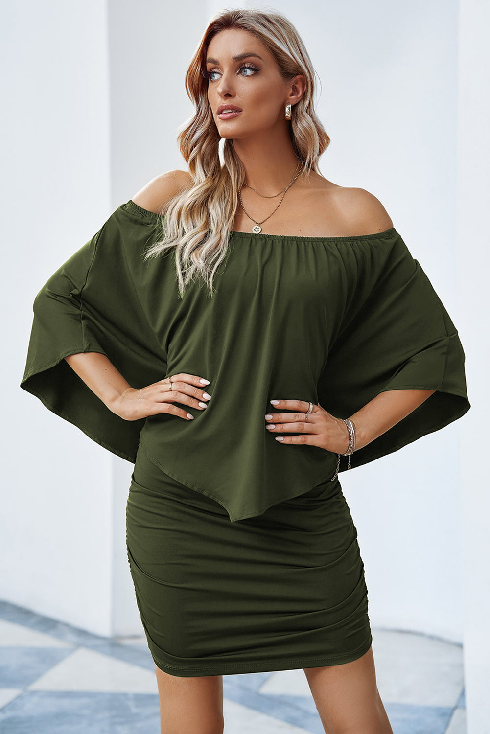 Dressing Layered Army Green Mini Poncho Dress