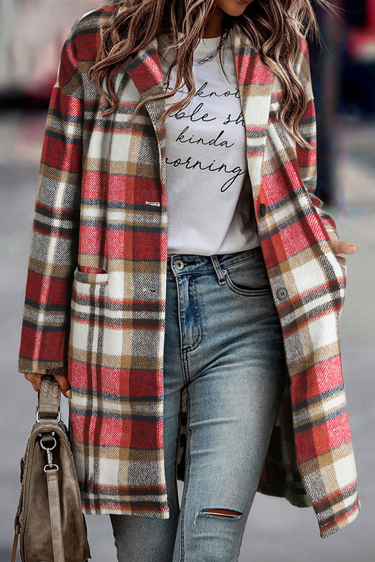 Fiery Red Plaid Button Up Lapel Jacket