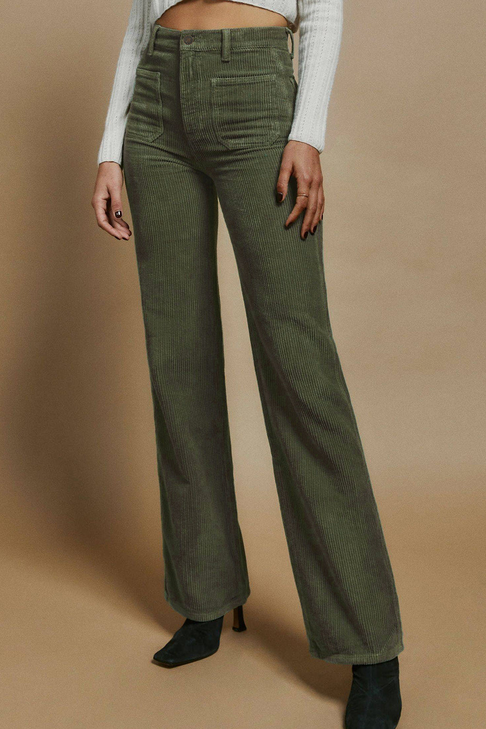 Green High Waist Square Pockets Corduroy Pants