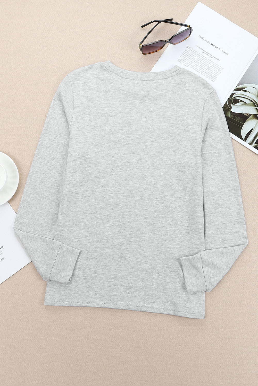 Gray Plain Crew Neck Long Sleeve Top