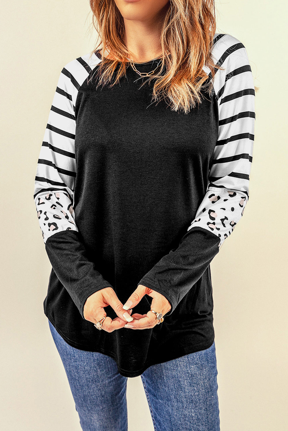 Black Striped Animal Print Colorblock Long Sleeve Top