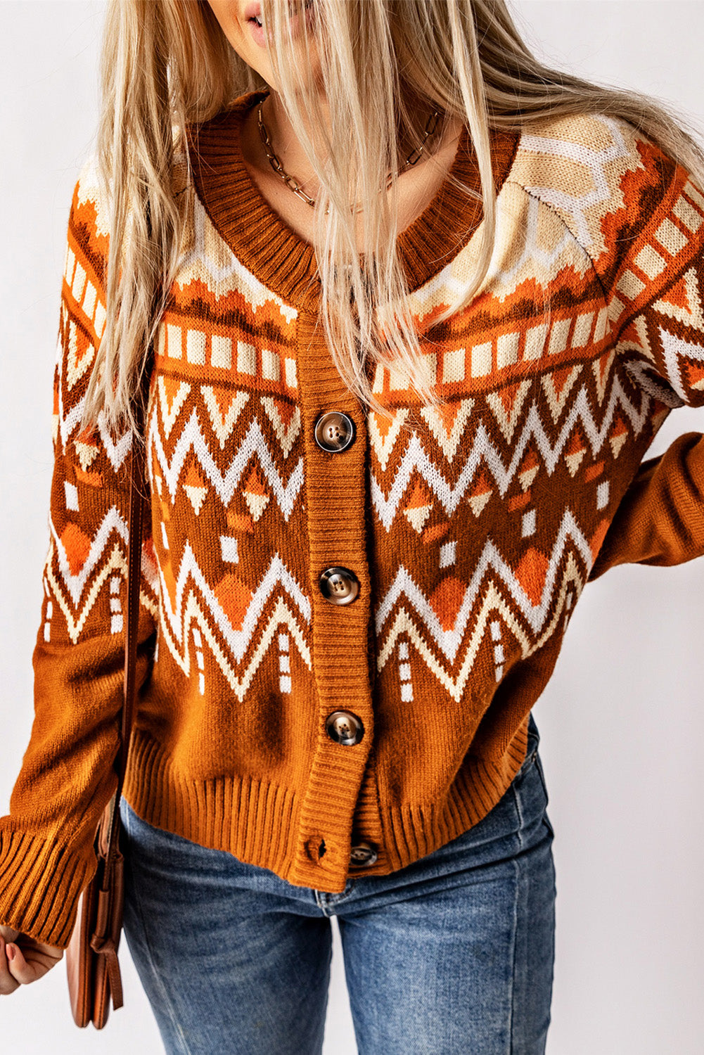 Brown Geometric Pattern Buttoned Knit Cardigan