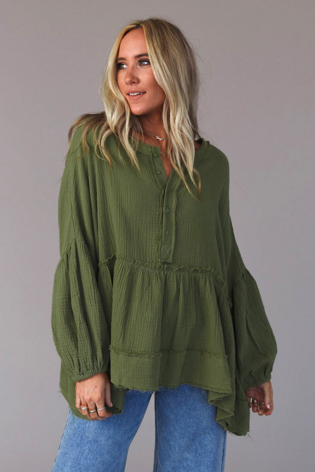 Green Henley Button Drop Shoulder Loose Sleeve Raw Edge Top