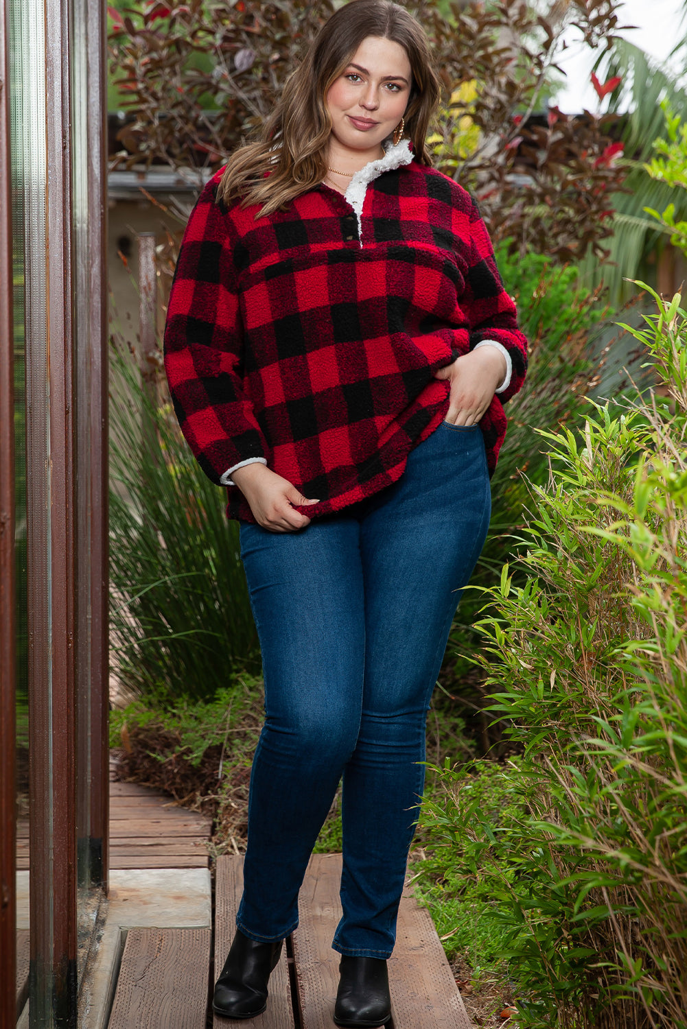 Fiery Red Plus Size Buffalo Plaid Sherpa Henley Sweatshirt