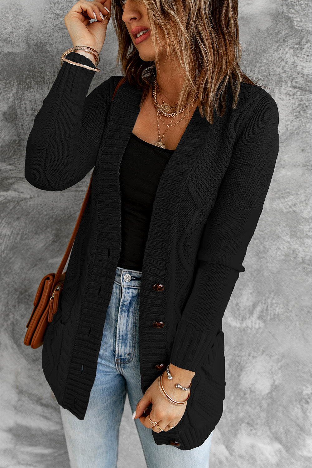 Black Front Pocket and Buttons Closure Cardigan