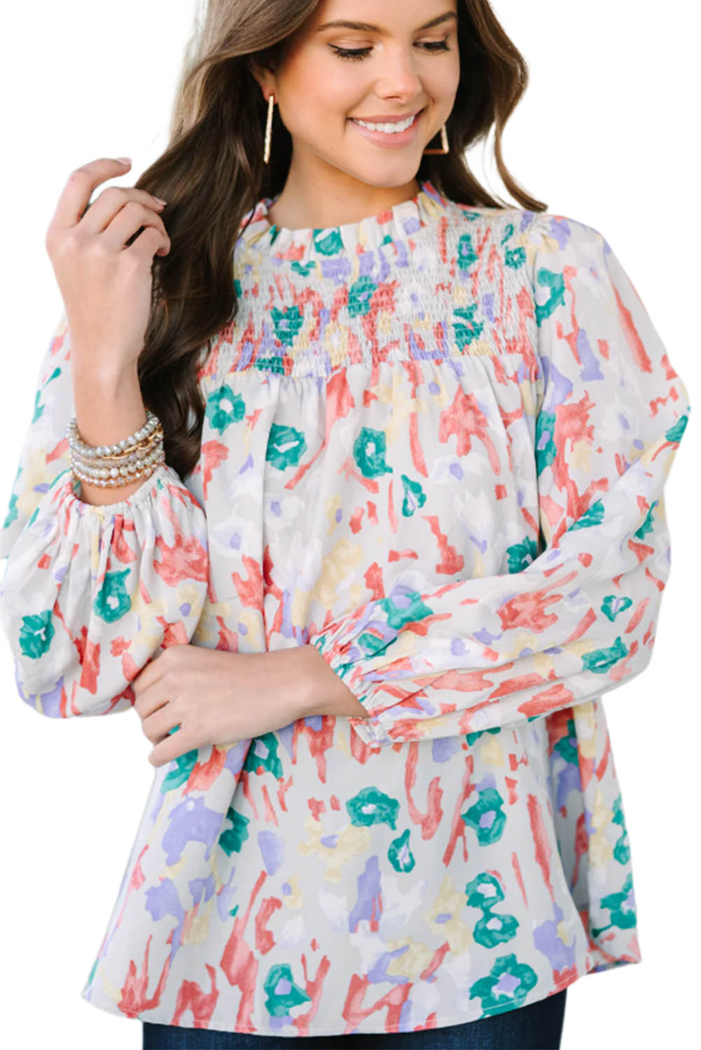 Multicolor Printed Frilled Neck Smocked Loose Blouse