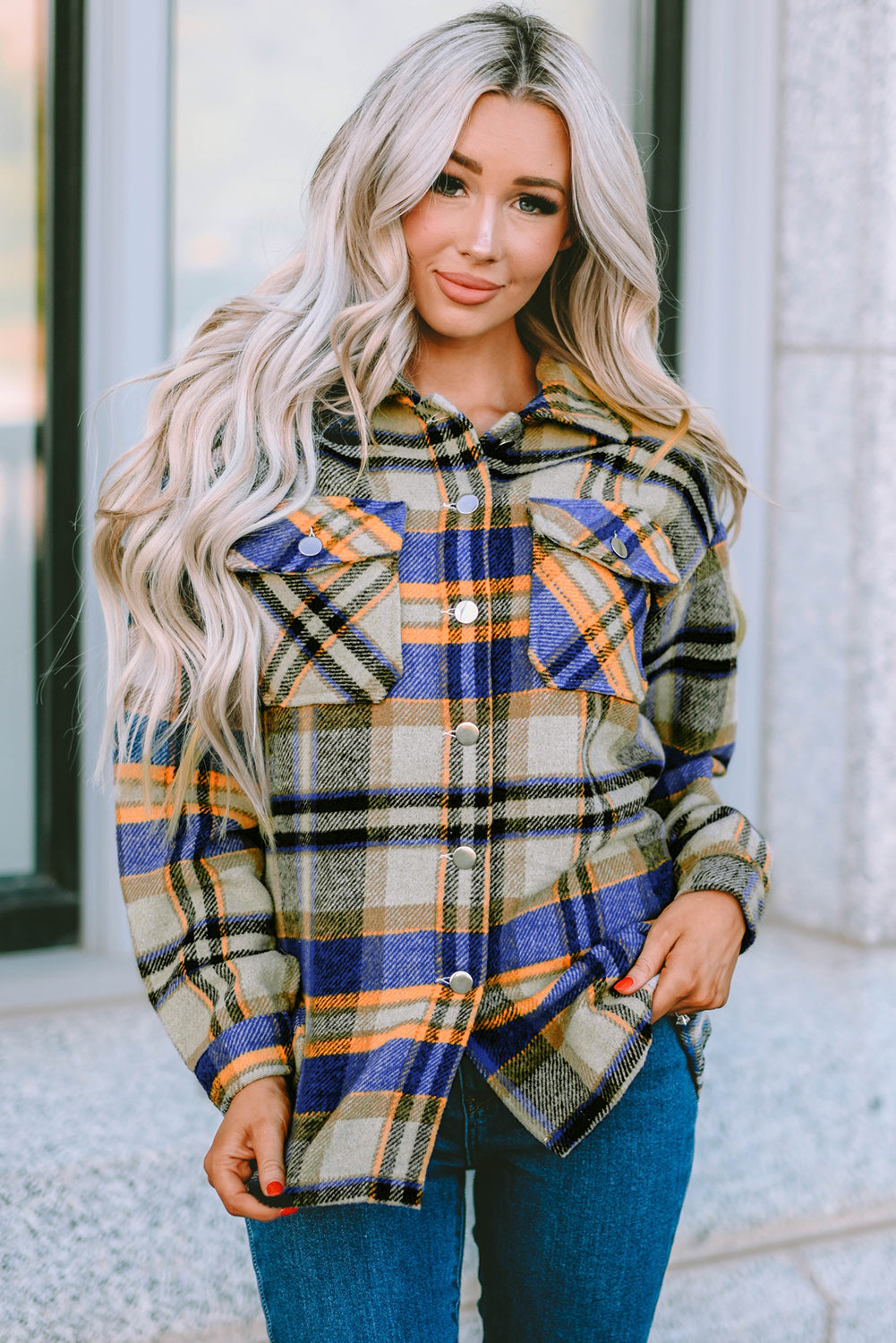 Blue Geometric Plaid Print Pocketed Shacket