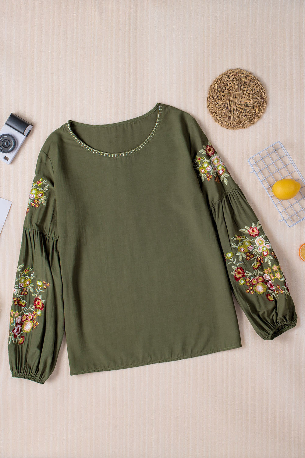 Green Floral Embroidery Long Sleeve Top